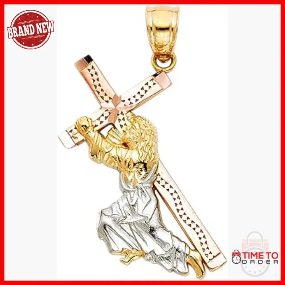14K Tri-Color Gold Jesus Carrying Cross Pendant 25x20mm Religious Charm